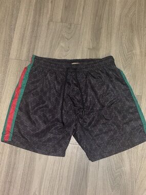 Gucci Black Swim Trunks with Red and Green Side Stripes